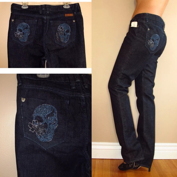 J & Company Skull Swarovski Crystal Straight Jeans Y2K Vintage Lot to Mid Rise - Picture 3 of 8